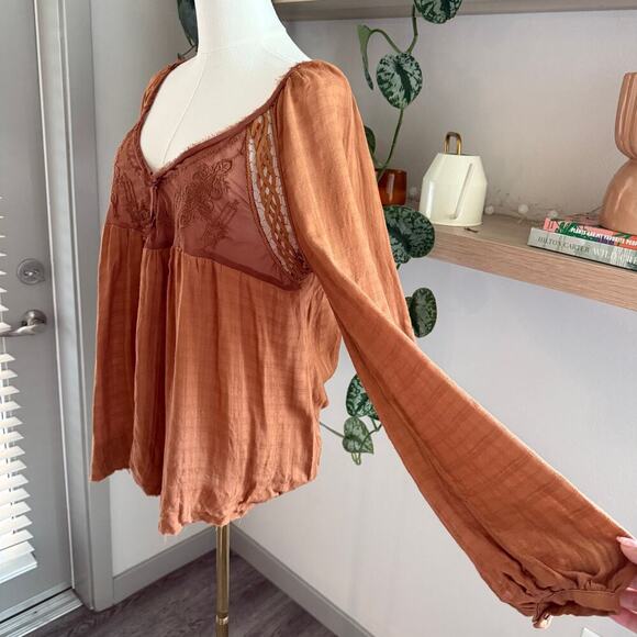 Free People Long SleeveTop Rust Brown High Low Hem Festival Boho Peasant Fall - Picture 7 of 10